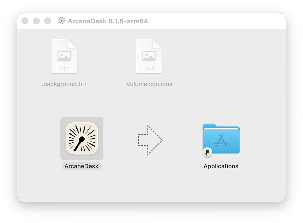 DMG installer: drag ArcaneDesk into Applications